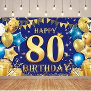 Blue Gold Happy 80th Birthday Backdrop Decorations,Blue Gold Happy Birthday Photography Background Party for Men Women Party Decorations Supplies